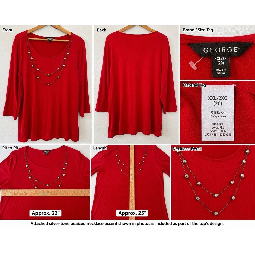 George Womens Red Top XXL 2x Attached Necklace Beaded Neckline 3/4 Sleeve Plus S